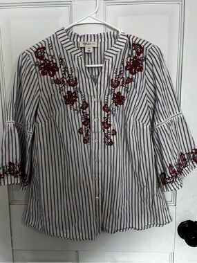 Style & Co. Striped Button-Down Top with Red Floral Embroidery